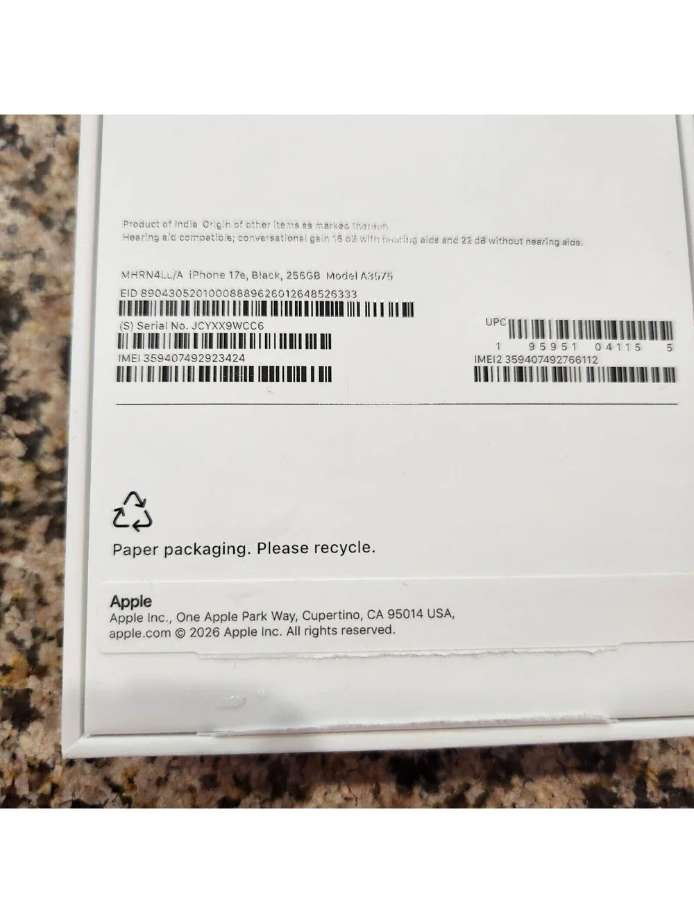 Apple iPhone 17e Box Only - Empty Retail Box with Inserts Black 512GB